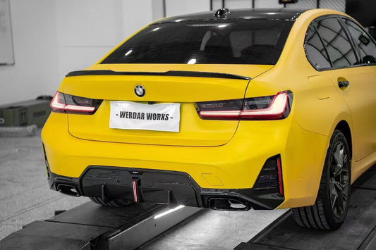 BMW 3 Series 330i (with M-package bumper, does not fit base model) M340i G20 G21 LCI 2023 2024 with Aftermarket Parts - Rear Diffuser Pre-preg Carbon Fiber from BCTXE Tuning
