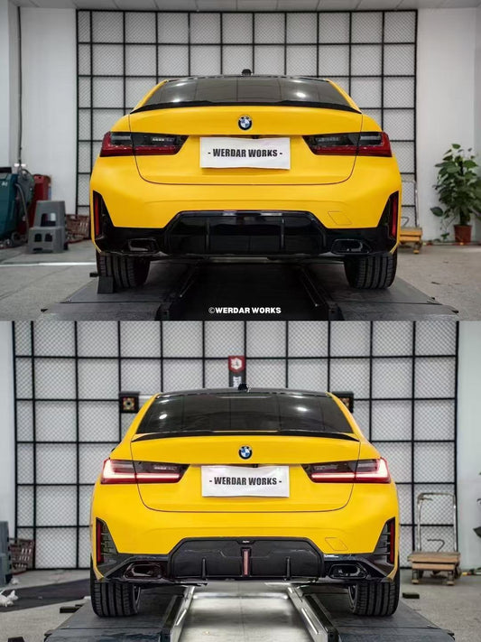 BMW 3 Series 330i (with M-package bumper, does not fit base model) M340i G20 G21 LCI 2023 2024 with Aftermarket Parts - Rear Diffuser Pre-preg Carbon Fiber from BCTXE Tuning