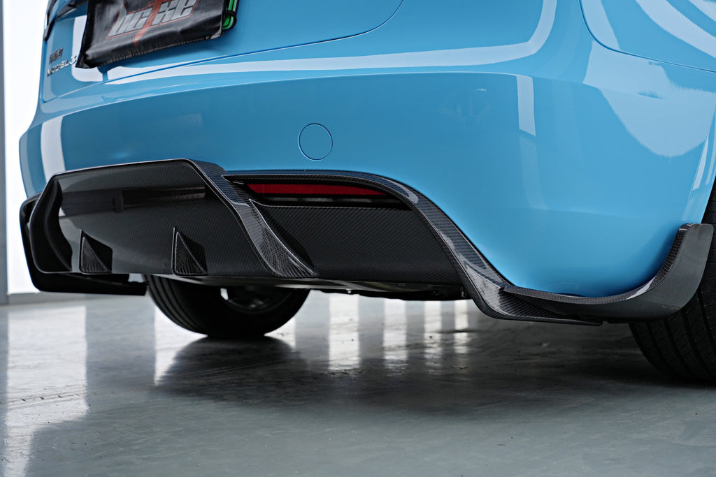 Tesla Model 3 Highland / Performance 2024-ON with Aftermarket Parts - Carbon Fiber Rear Diffuser & Canards from BCTXE Tuning