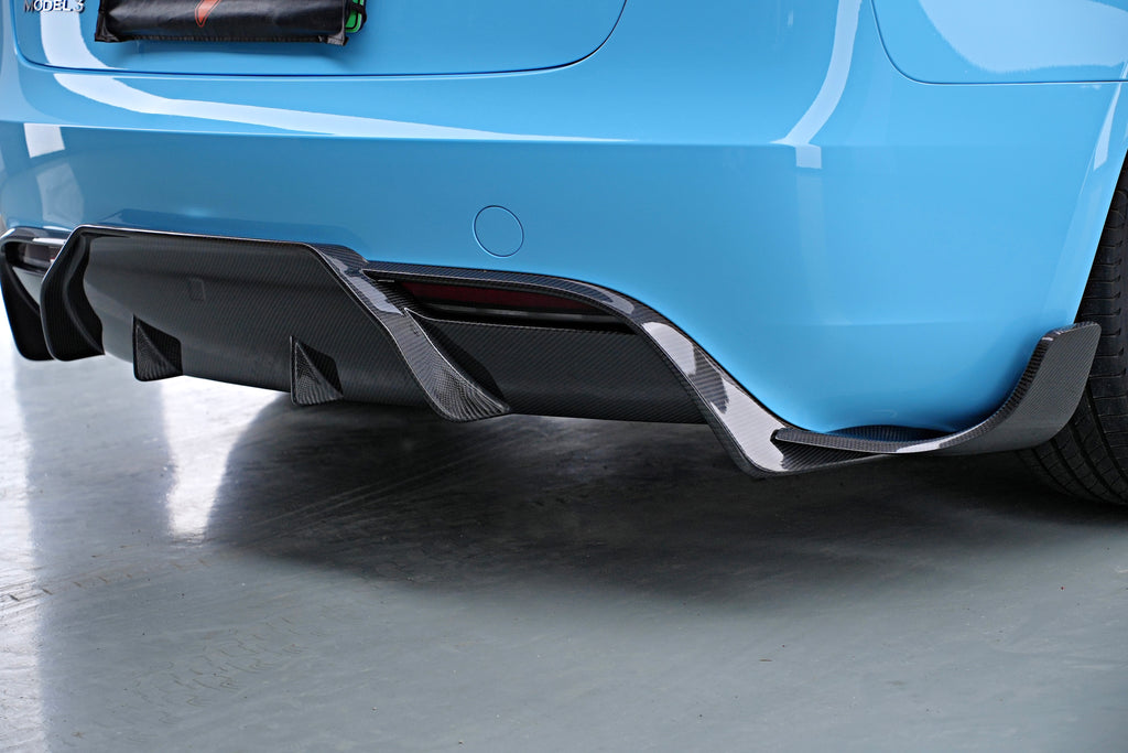 Tesla Model 3 Highland / Performance 2024-ON with Aftermarket Parts - Carbon Fiber Rear Diffuser & Canards from BCTXE Tuning