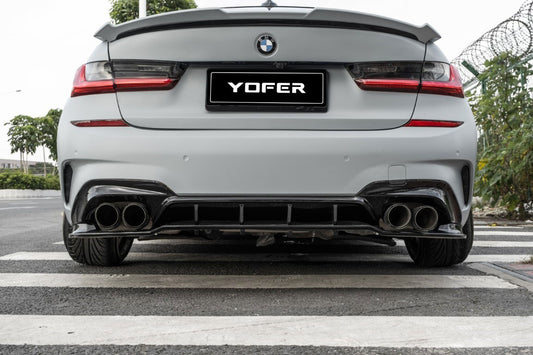 BMW 3 Series M340i 330i (With M-Package Bumper, does not fit base model) G20 G21 Pre-LCI 2019 2020 2021 2022 with Aftermarket Parts - V1 Style Rear Diffuser & Lower Splitters PP from Yofer USA