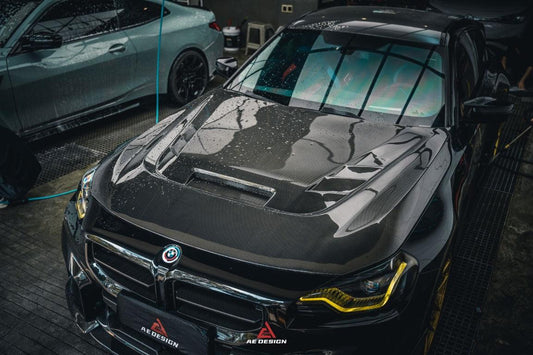 BMW M2 / C G87 2023 2024 & 2 Series 230i M240i G42 2022 2023 2024 with Aftermarket Parts - AE Style Hood Bonnet Double-sided Carbon Fiber from ArmorExtend