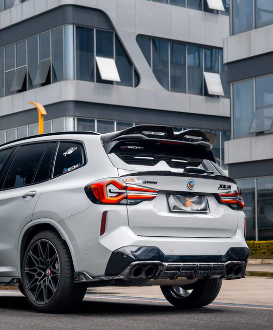 BMW X3M X3MC F97 (Fits Both Pre-LCI & LCI) 2019 2020 2021 2022 2023 2024 with Aftermarket Parts - AE Style Rear Roof Spoiler Carbon Fiber from ArmorExtend
