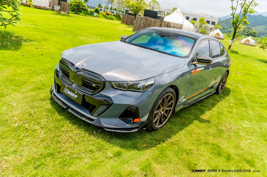 BMW i5 xDrive40 / eDrive40 (with M-package bumper, does not fit base mode) / M60 G60 G61 2024-ON &amp; 5 Series 540i xDrive / 530i xDrive / 530i (with M-package bumper, does not fit base model) / 550e xDrive G60 G61 2024-ON with Aftermarket Parts - Front Lip Dry Pre-preg Carbon Fiber / FRP