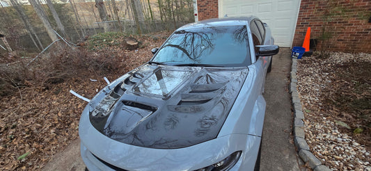 Dodge Charger 2015-2023 with Aftermarket Parts - V3 Clearview Glass Style Hood Bonnet Carbon Fiber / FRP from CMST Tuning