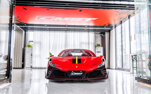 Ferrari F8 Tributo F8 Spider 2020 2021 2022 2023 with Aftermarket Parts - Front Lip Dry Pre-preg Carbon Fiber / FRP from CMST Tuning