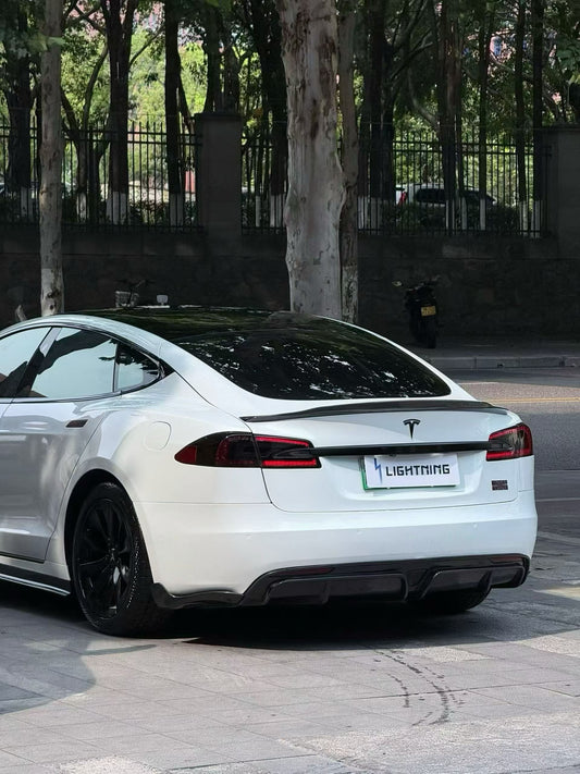 Tesla Model S 1st & 2nd Gen 2012-early 2021 with Aftermarket Parts - Rear Duck Bill Tail Spoiler Carbon Fiber / FRP from CMST Tuning