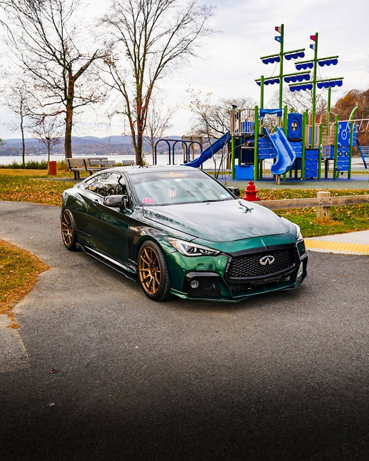 Infiniti Q60 Red Sport 400 Premium Luxe Sport Pure 2017 2018 2019 2020 2021 2022 with Aftermarket Parts - Project Black S Concept Front Bumper & Lip Carbon Fiber / FRP from CMST Tuning