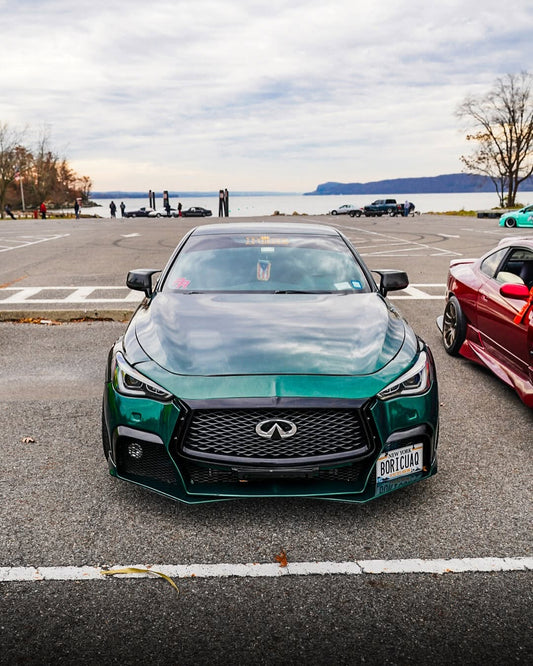 Infiniti Q60 Red Sport 400 Premium Luxe Sport Pure 2017 2018 2019 2020 2021 2022 with Aftermarket Parts - Project Black S Concept Front Bumper & Lip Carbon Fiber / FRP from CMST Tuning