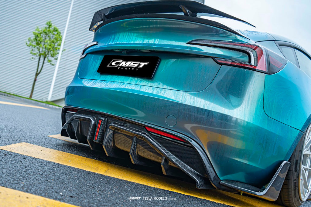 Tesla Model 3 Highlandwith 2024-ON Aftermarket Parts - V2 Style Carbon Fiber Rear Diffuser & Canards from  CMST Tuning