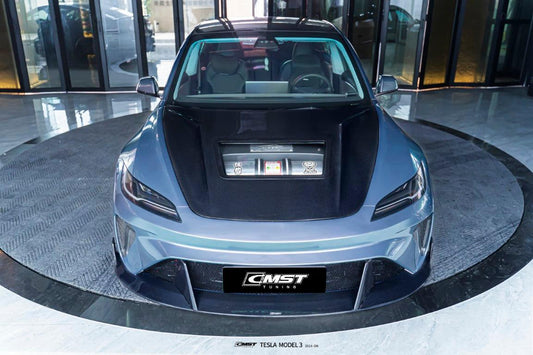 Tesla Model 3 Highland / Performance 2024-ON with Aftermarket Parts - V2 Tempered Glass Clearview Style Carbon Fiber / FRP Hood from CMST Tuning