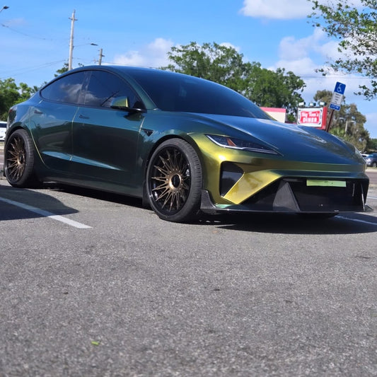 Tesla Model 3 Highland 2024-ON with Aftermarket Parts - Horizon Style Front Bumper & Lip Carbon Fiber / FRP from CMST Tuning