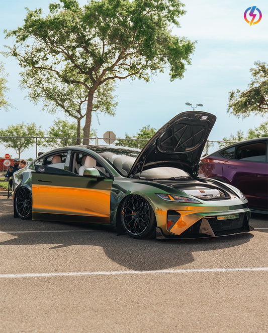 Tesla Model 3 Highland 2024-ON with Aftermarket Parts - Horizon Style Front Bumper & Lip Carbon Fiber / FRP from CMST Tuning