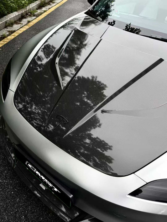 Tesla Model 3 Highland / Performance 2024-ON with Aftermarket Parts - V1 Style Hood Bonnet Carbon Fiber / FRP from CMST Tuning
