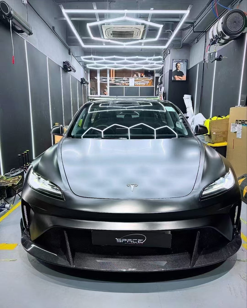 Tesla Model 3 Highland 2024-ON with Aftermarket Parts - Horizon Style Front Bumper & Lip Carbon Fiber / FRP from CMST Tuning