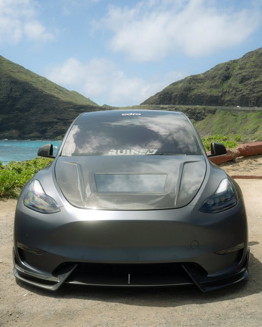 Tesla Model 3 Performance Long Range Standard Base 2017 2018 2019 2020 2021 2022 2023 with Aftermarket Parts - V3 Hood Bonnet Carbon Fiber / FRP from CMST Tuning