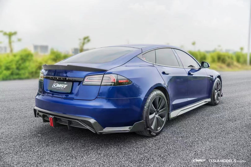 Tesla Model S 3rd Gen late 2021 2022 2023 2024 with Aftermarket Parts - Rear Diffuser & Canards Carbon Fiber / FRP from CMST Tuning