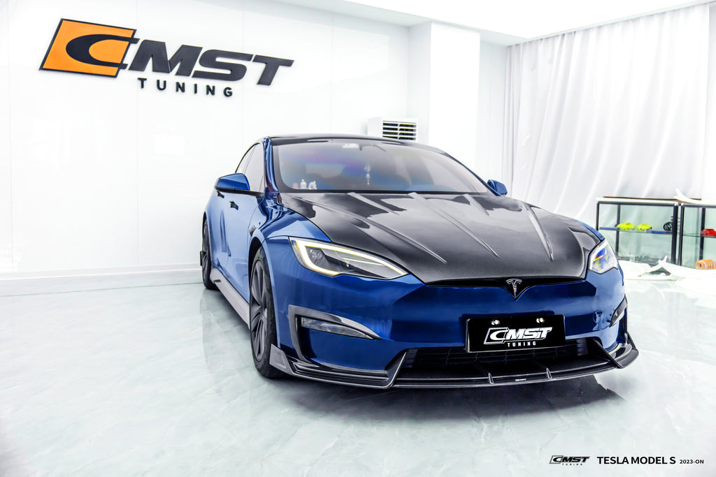 Tesla Model S 3rd Gen late 2021 2022 2023 2024 with Aftermarket Parts - V2 Carbon Hood Carbon Fiber / FRP from CMST Tuning