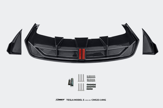 Tesla Model S 3rd Gen late 2021 2022 2023 2024 with Aftermarket Parts - Rear Diffuser & Canards Carbon Fiber / FRP from CMST Tuning