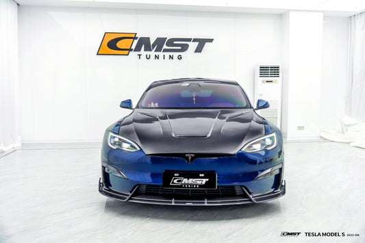 Tesla Model S 3rd Gen late 2021 2022 2023 2024 with Aftermarket Parts - V2 Carbon Hood Carbon Fiber / FRP from CMST Tuning