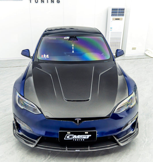 Tesla Model S 3rd Gen late 2021 2022 2023 2024 with Aftermarket Parts - V2 Carbon Hood Carbon Fiber / FRP from CMST Tuning