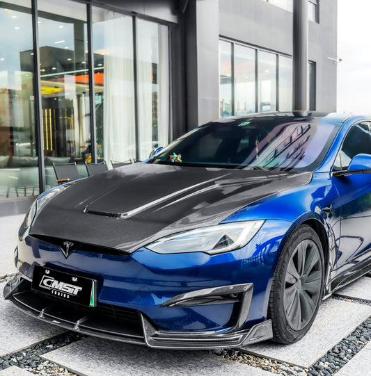 Tesla Model S 3rd Gen late 2021 2022 2023 2024 with Aftermarket Parts - Front Lip Pre-preg Carbon Fiber / FRP from CMST Tuning