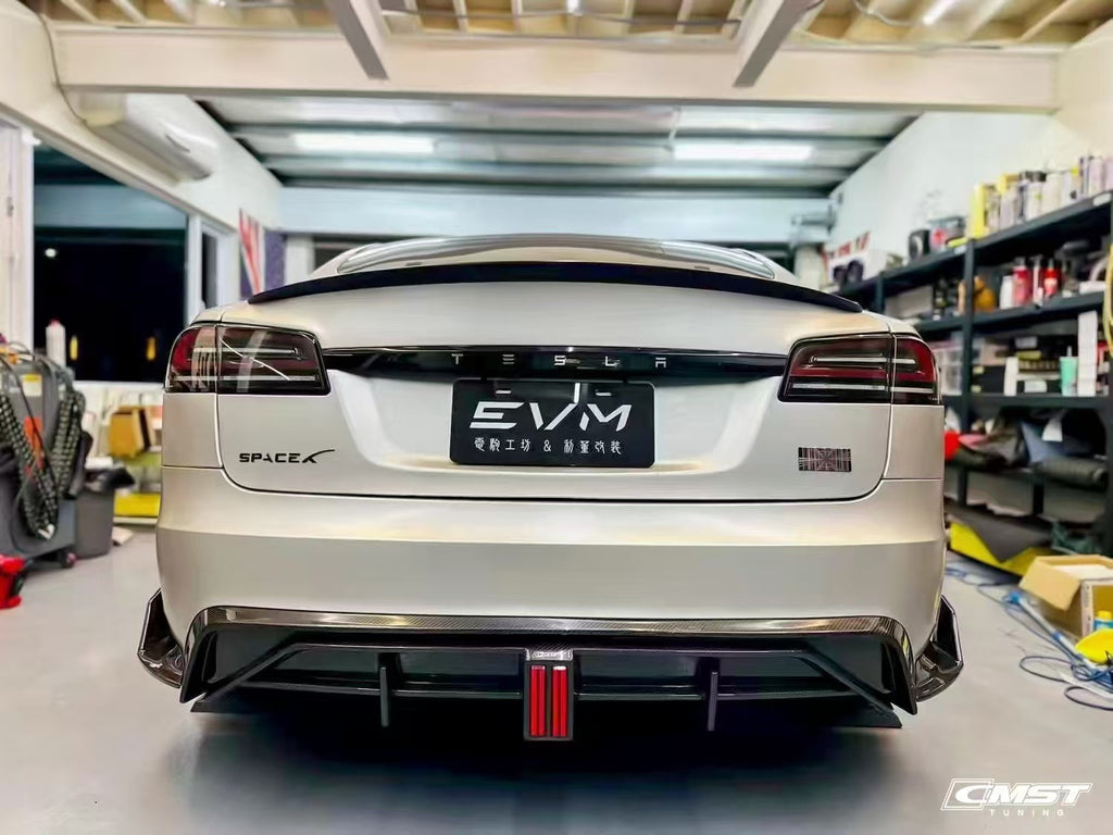 Tesla Model S 3rd Gen late 2021 2022 2023 2024 with Aftermarket Parts - Rear Diffuser & Canards Carbon Fiber / FRP from CMST Tuning