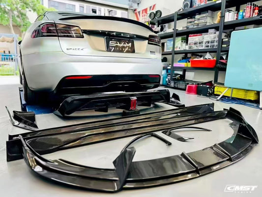 Tesla Model S 3rd Gen late 2021 2022 2023 2024 with Aftermarket Parts - Rear Diffuser & Canards Carbon Fiber / FRP from CMST Tuning