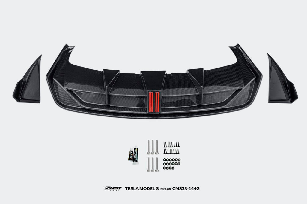 Tesla Model S 3rd Gen late 2021-ON with Aftermarket Parts - Pre-preg Carbon Fiber & FRP Rear Diffuser & Rear Canards  from  CMST Tuning