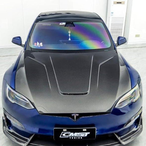 Tesla Model S 3rd Gen late 2021-ON with Aftermarket Parts - V2 Style Carbon Fiber & FRP Hood from CMST Tuning