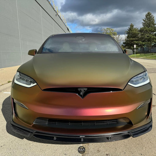 Tesla Model X P100D 100D 90D 75D 60D Performance Long Range Base 2016-2021 with Aftermarket Parts - Front Lip Splitter Carbon Fiber / FRP from CMST Tuning
