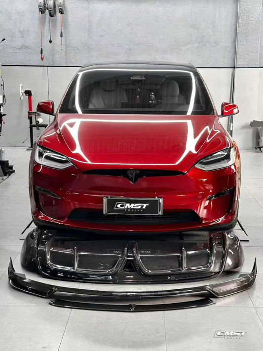 Tesla Model X P100D 100D 90D 75D 60D Performance Long Range Base 2016-2021 with Aftermarket Parts - Front Lip Splitter Carbon Fiber / FRP from CMST Tuning
