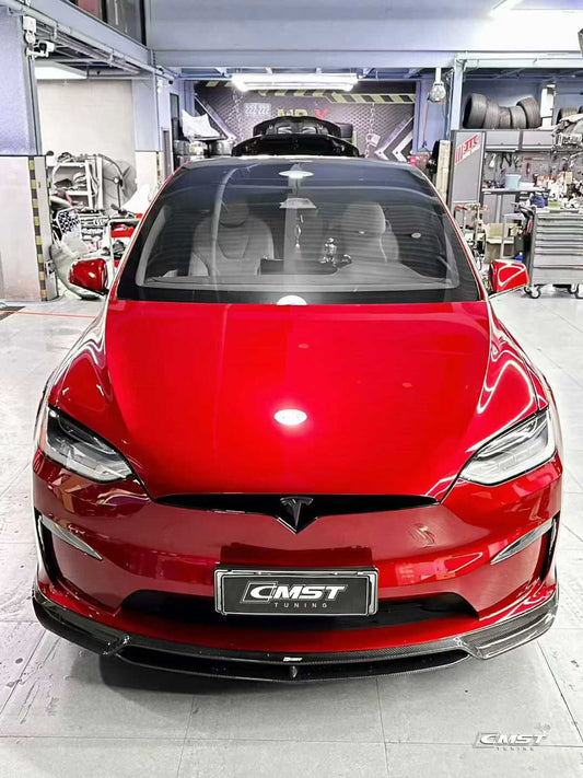 Tesla Model X P100D 100D 90D 75D 60D Performance Long Range Base 2016-2021 with Aftermarket Parts - Front Lip Splitter Carbon Fiber / FRP from CMST Tuning
