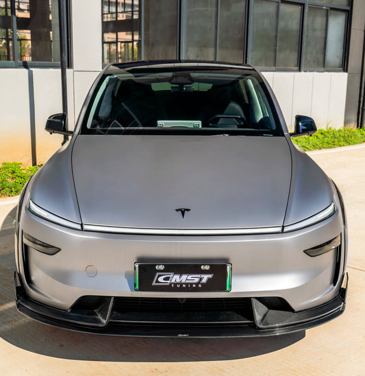 Tesla Model Y Juniper Base 2026-ON with Aftermarket Parts - Front Lip & Canards Carbon Fiber / FRP from CMST Tuning