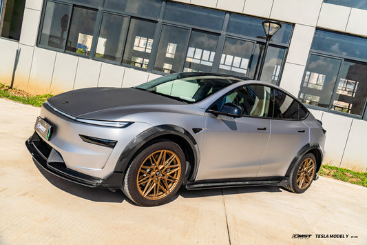 Tesla Model Y Juniper Base 2026-ON with Aftermarket Parts - Front Lip & Canards Carbon Fiber / FRP from CMST Tuning