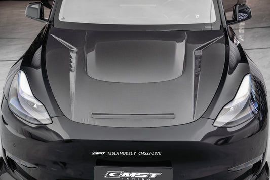 Tesla Model Y Performance AWD Long Range RWD Standard 2020 2021 2022 2023 2024 2025 with Aftermarket Parts - V6 Hood Carbon Fiber / FRP from CMST Tuning