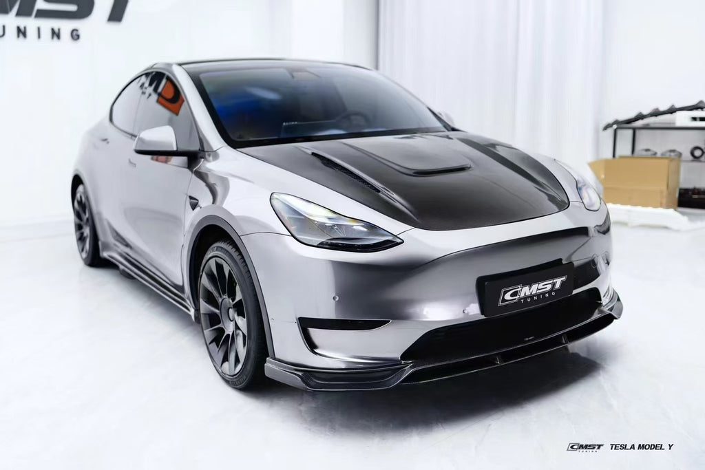 Tesla Model Y Performance AWD Long Range RWD Standard 2020-ON with Aftermarket Parts - V1 Style Hood Bonnet Carbon Fiber / FRP from CMST Tuning 