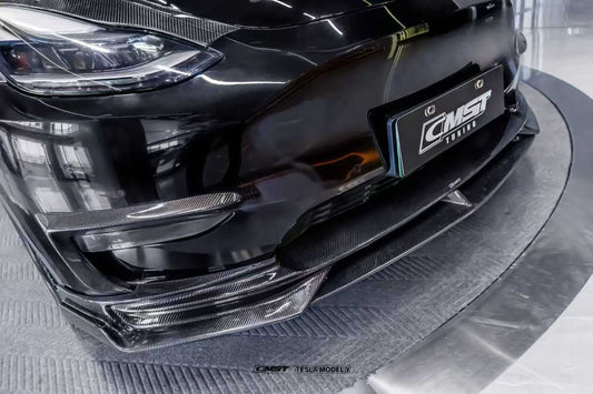 Tesla Model Y Performance AWD Long Range RWD Standard 2020-ON with Aftermarket Parts - V3 Style Front Lip Splitter Carbon Fiber / FRP from CMST Tuning