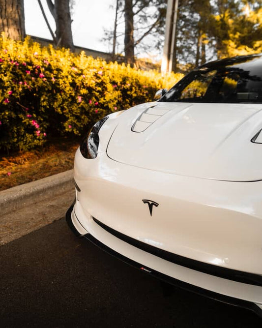 Tesla Model 3 Performance Long Range Standard Base 2017-2023 with Aftermarket Parts - V1 Style Front Lip Splitter Carbon Fiber / FRP from CMST Tuning
