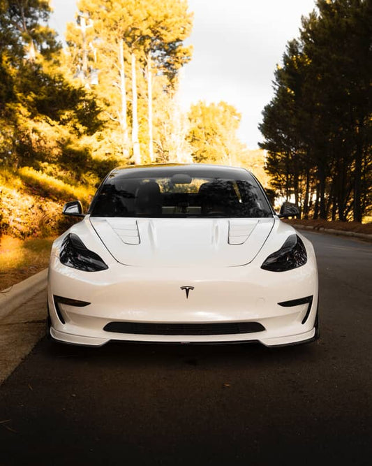 Tesla Model 3 Performance Long Range Standard Base 2017-2023 with Aftermarket Parts - V1 Style Front Lip Splitter Carbon Fiber / FRP from CMST Tuning
