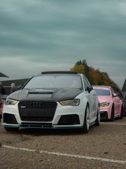 Audi RS3 S3 A3 8V / 8V.5 2014 2015 2016 2017 2018 2019 2020 with Aftermarket Parts - V3 Hood Bonnet Carbon Fiber / FRP from CMST Tuning