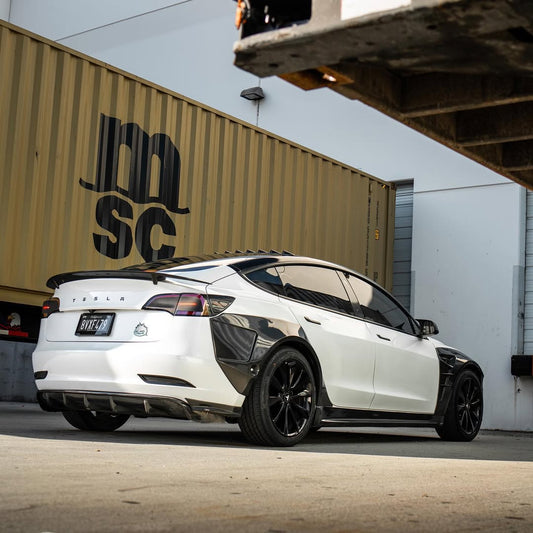 Tesla Model 3 Performance Long Range Standard Base 2017 2018 2019 2020 2021 2022 2023 with Aftermarket Parts - V3 Rear Duck Bill Tail Spoiler Carbon Fiber / FRP from CMST Tuning