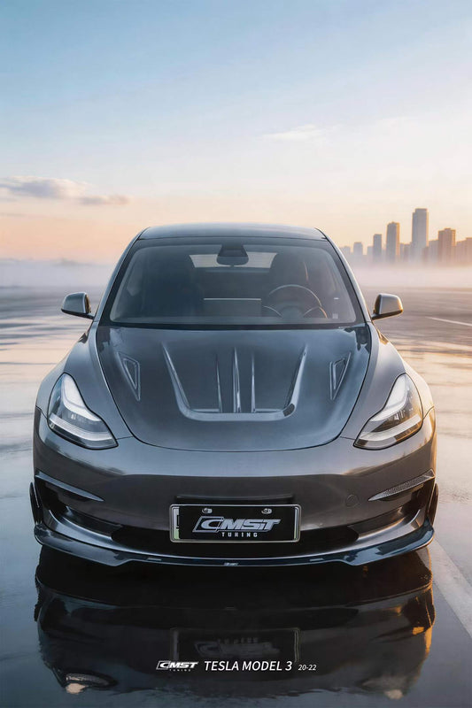 Tesla Model 3 Performance Long Range Standard Base 2017-2023 with Aftermarket Parts - V5 Style Front Lip Splitter Carbon Fiber / FRP from CMST Tuning
