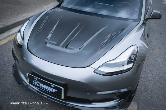 Tesla Model 3 Performance Long Range Standard Base 2017-2023 with Aftermarket Parts - V5 Style Front Lip Splitter Carbon Fiber / FRP from CMST Tuning