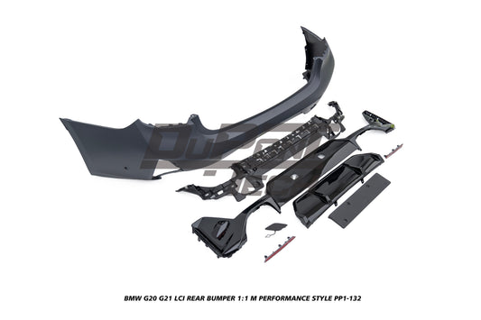 BMW 3 Series M340i 330i 320i G20 G21 LCI 2023-ON with Aftermarket Parts - 1:1 M Performance Style Rear Bumper PP Polypropylene from DuPont Tech