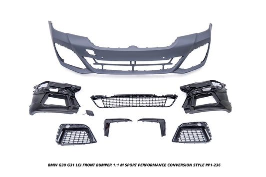 BMW 5 Series M550i 540i 530i G30 G31 LCI 2021 2022 2023 with Aftermarket Parts - 1:1 M Sport Performance Conversion Style Front Bumper PP Polypropylene from DuPont Tech