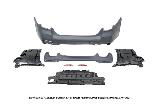 BMW 5 Series M550i 540i 530i G30 G31 LCI 2021 2022 2023 with Aftermarket Parts - 1:1 M Sport Performance Conversion Style Rear Bumper PP Polypropylene from DuPont Tech