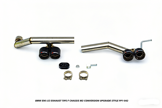 BMW 3 Series E90 LCI 2009 2010 2011 with Aftermarket Parts - F Chassis M3 Conversion Upgrade Style Exhaust Tips Stainless Steel from DuPont Tech
