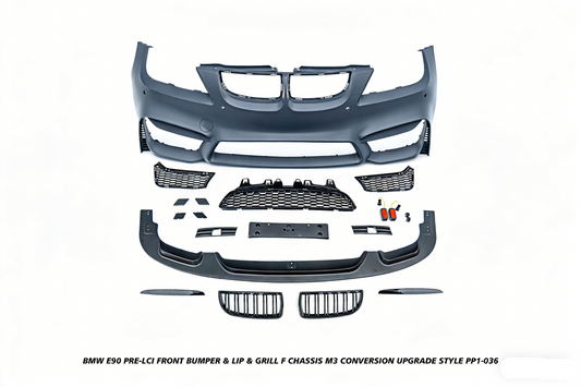 BMW 3 Series E90 Pre-LCI 2006 2007 2008 with Aftermarket Parts - F Chassis M3 Conversion Upgrade Style Front Bumper & Lip & Grill PP Polypropylene from DuPont Tech
