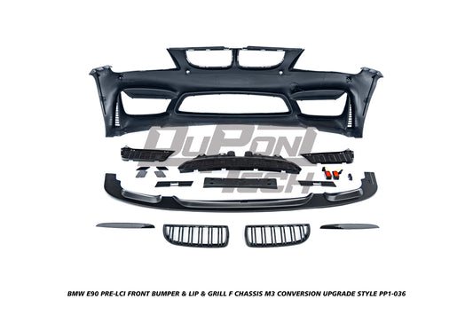 BMW 3 Series E90 Pre-LCI 2006 2007 2008 with Aftermarket Parts - F Chassis M3 Conversion Upgrade Style Front Bumper & Lip & Grill PP Polypropylene from DuPont Tech

